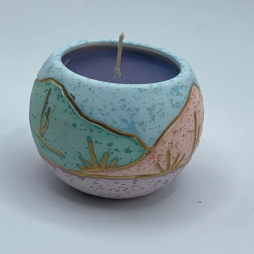 Handcrafted ceramic candle Southwestern landscape theme 22K gold accents